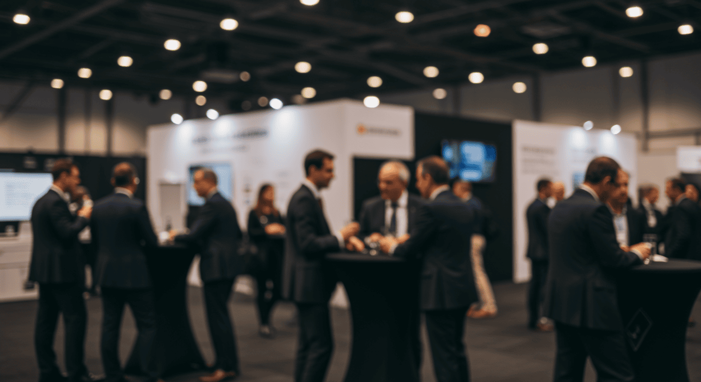 Evento corporativo en centro de convenciones con ejecutivos haciendo networking en un entorno profesional.